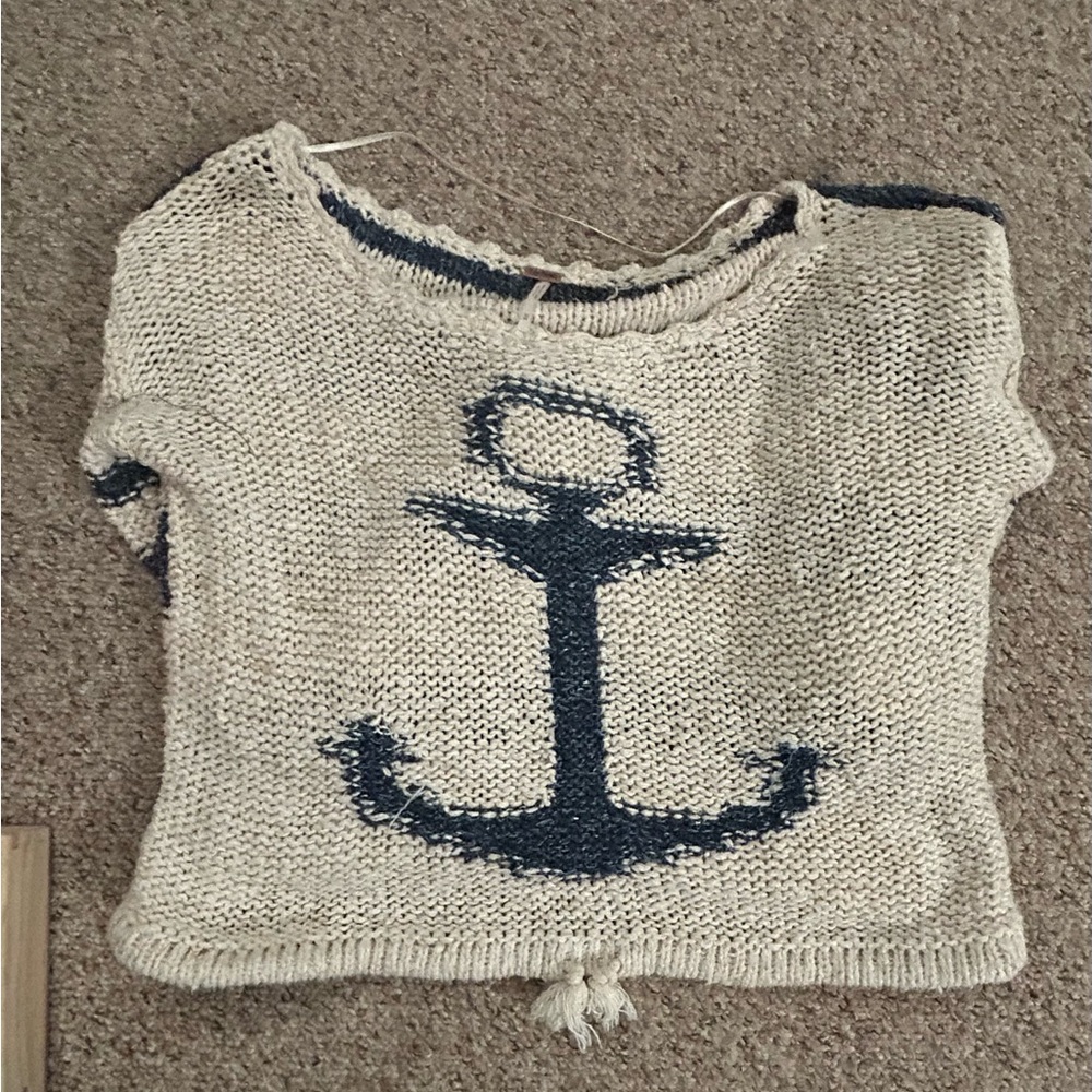 Free People Cream and Blue Crew Neck Sweater Nautical Design